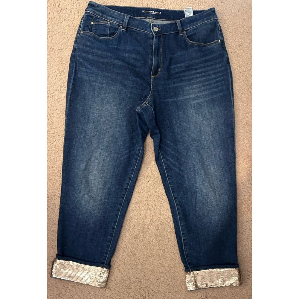 Chicos Boyfriend Ankle Jeans Gold Sequin Cuffed Stretch Womens 14R Chicos 2.5R